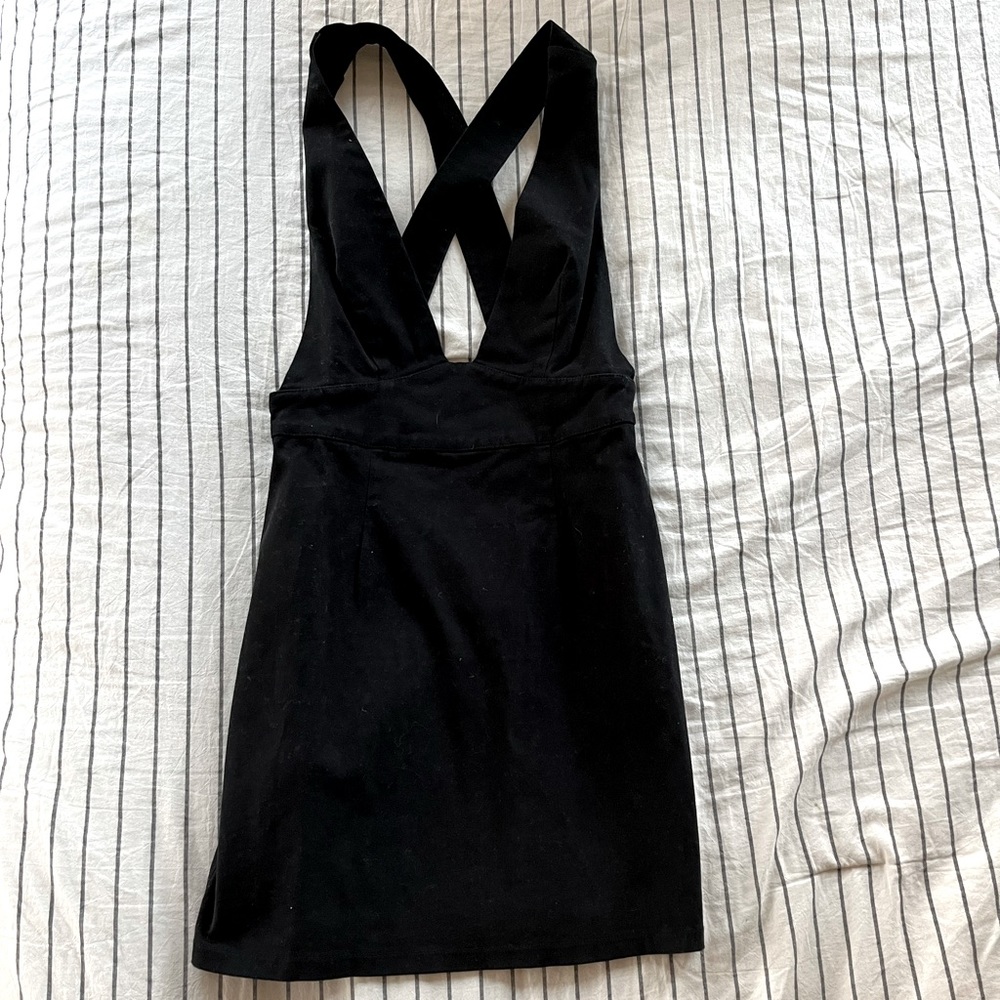 Black Corduroy V Neck Overall Dress